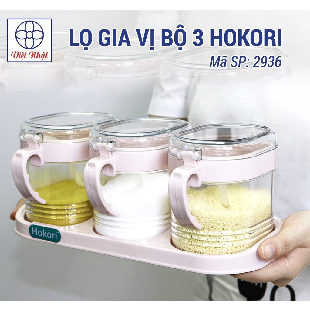 Bộ 3 lọ đựng gia vị Hokori có nắp đậy kèm thìa cao cấp nhựa PP dày dặn bền đẹp - Đồ gia dụng, dụng cụ nhà bếp thông minh