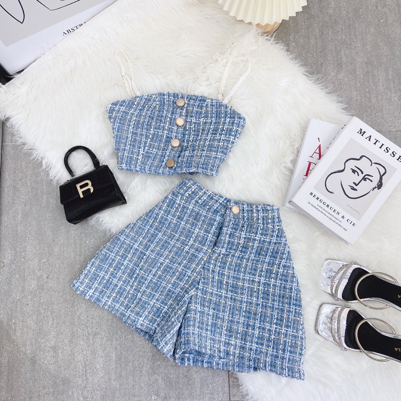 SET ÁO DẠ XANH 2 DÂY CROPTOP NÚT + QUẦN SHORT