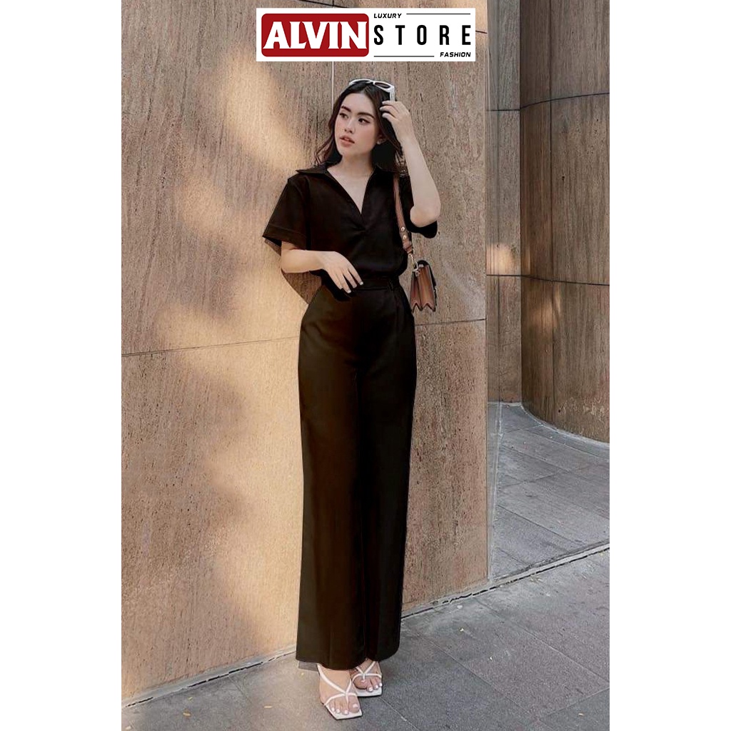 Set Đồ Jumsuit Nữ, Bộ Quần Suông Ống Rộng Kèm Áo Sơ Mi Alvin Store 0988