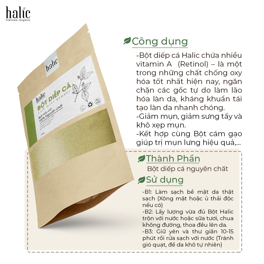 Bột Diếp Cá đắp mặt nạ nguyên chất Halic Organic 125G ngừa thâm, xóa nám tàng nhang, ngăn ngừa mụn ẩn hiệu quả