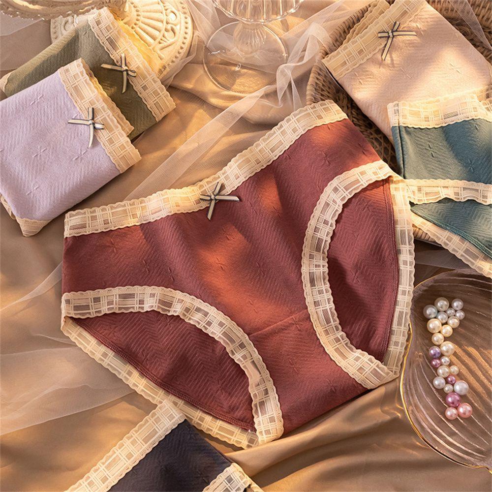 Quần Lót Cotton Không Đường May Lưng Vừa Phối Ren Thoáng Khí Dành Cho Nữ