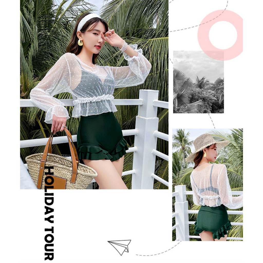 Bộ đồ bơi bikini nữ một mảnh liền thân đi tắm biển kèm áo croptop ren trắng chấm bi tiểu thư hot trend 2021
