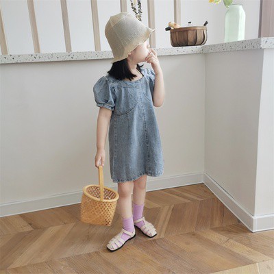 Đầm Denim Tay Phồng Đơn Giản Phong Cách Hàn Quốc Cho Bé Gái