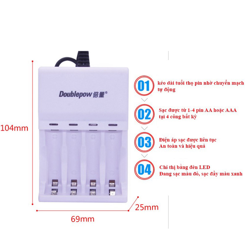 [Mã 2404EL10K giảm 10K đơn 20K] Hộp 8 viên pin tiểu AA 800mAh sạc lại DoublePow (chính hãng) + Sạc DoublePow DP-U82