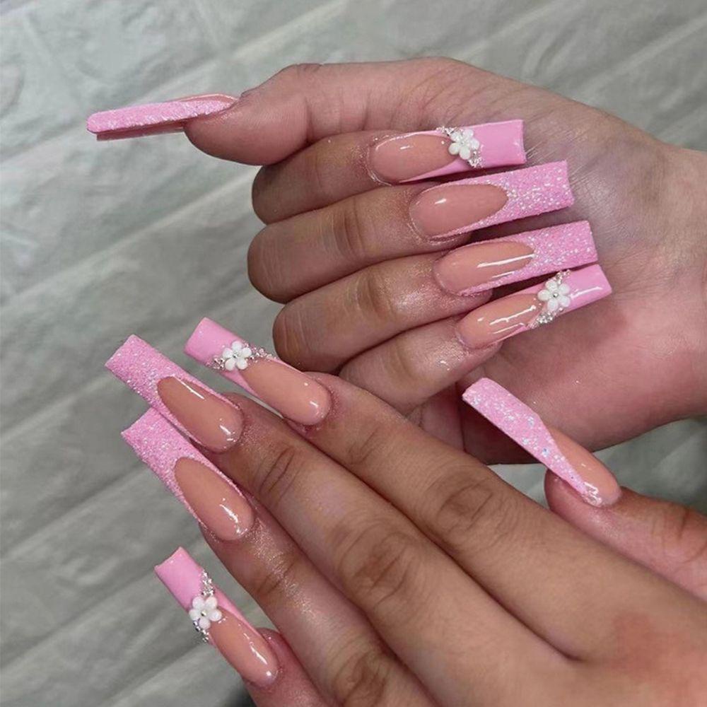 BORAG Set 24 Móng Tay Giả Màu Hồng Lấp Lánh