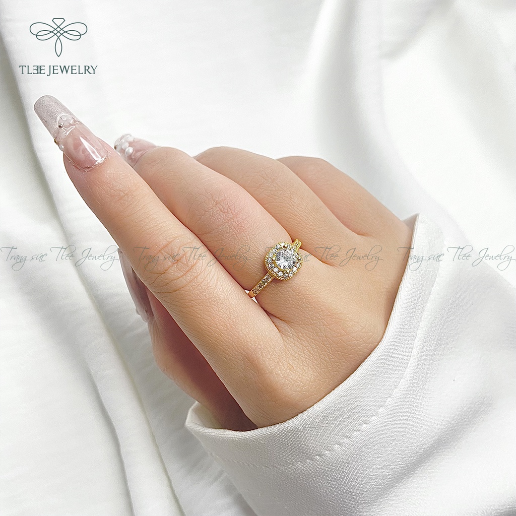 Nhẫn bạc nữ TLEE mặt vuông mạ vàng 14k nạm đá viền cao cấp NCJ A0111