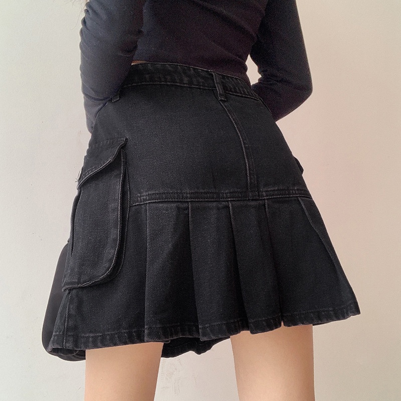 Women Fashion High Waist Ruffle Hem Skirt，Female Stylish Denim Skirt