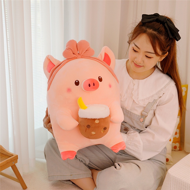 Thú Nhồi Bông Hình Chú Heo Uống Trà Sữa Dễ Thương