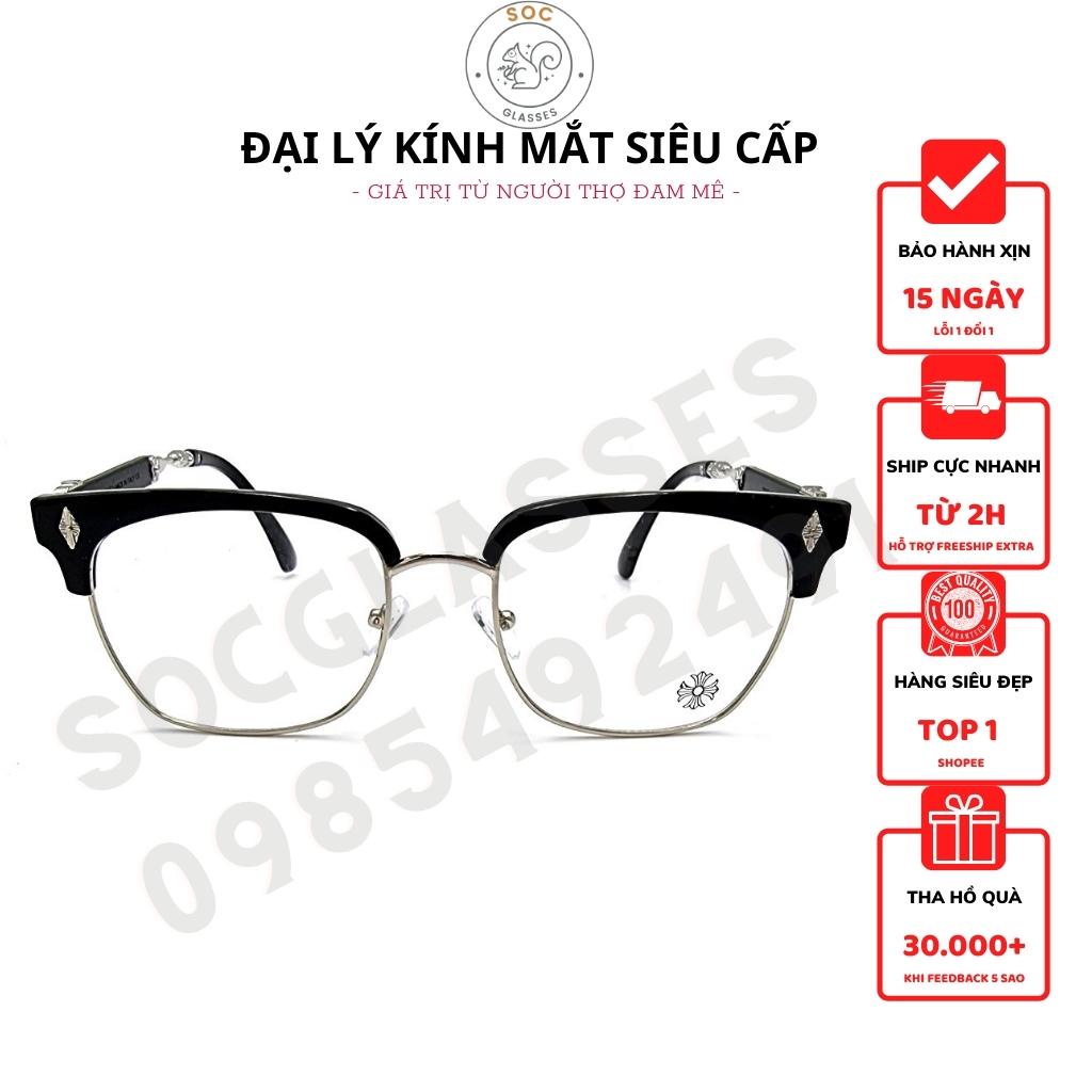 Kính gọng vuông Chrome Hear.ts unisex nam nữ nửa vành kim loại rẻ có thể thay tròng cận theo yêu cầu - SOC GLASSES