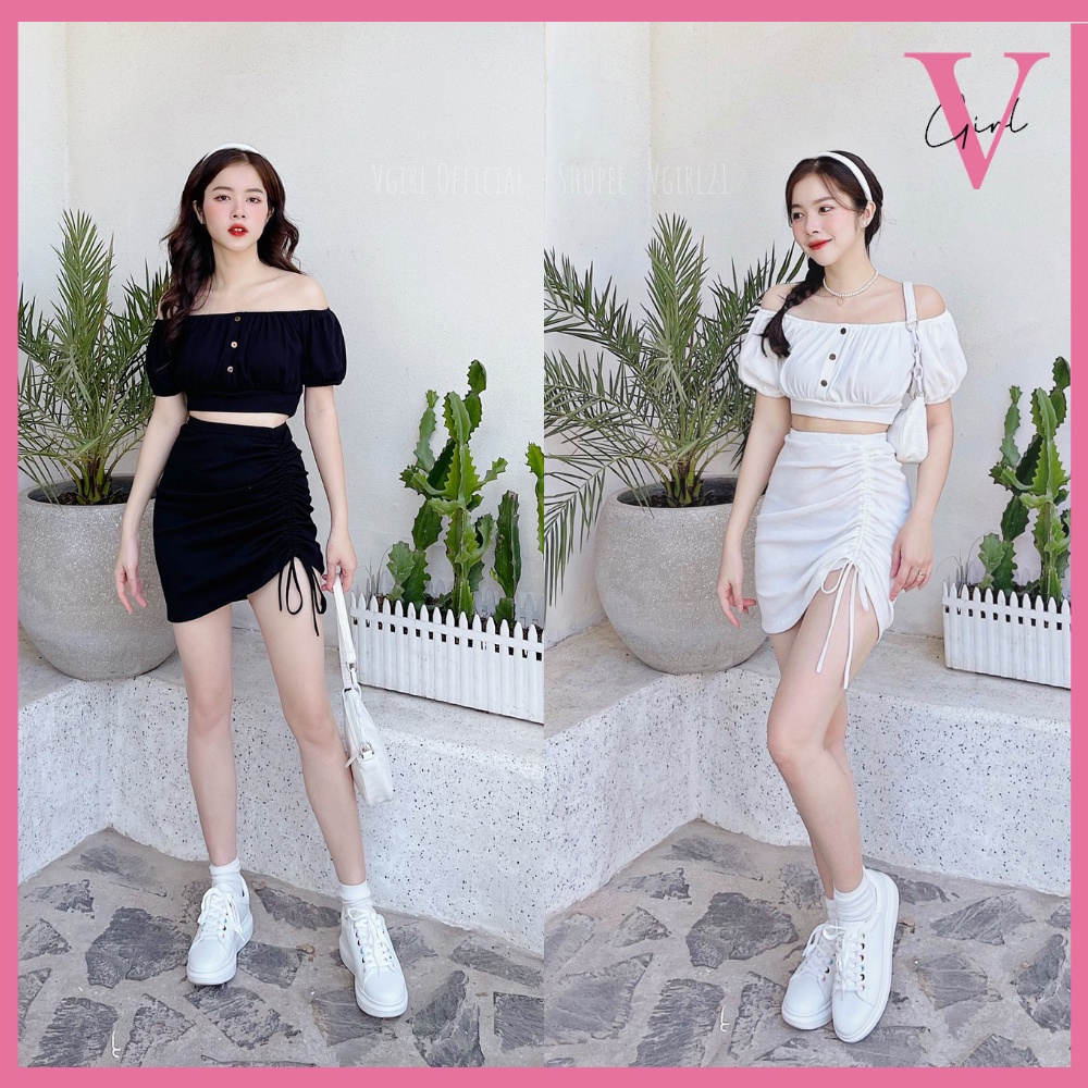 Set áo váy nữ VGIRL croptop trễ vai thân chun phối nút gỗ kèm chân váy lưng cao dây rút 1 bên ôm body [ẢNH ĐỘC QUYỀN]