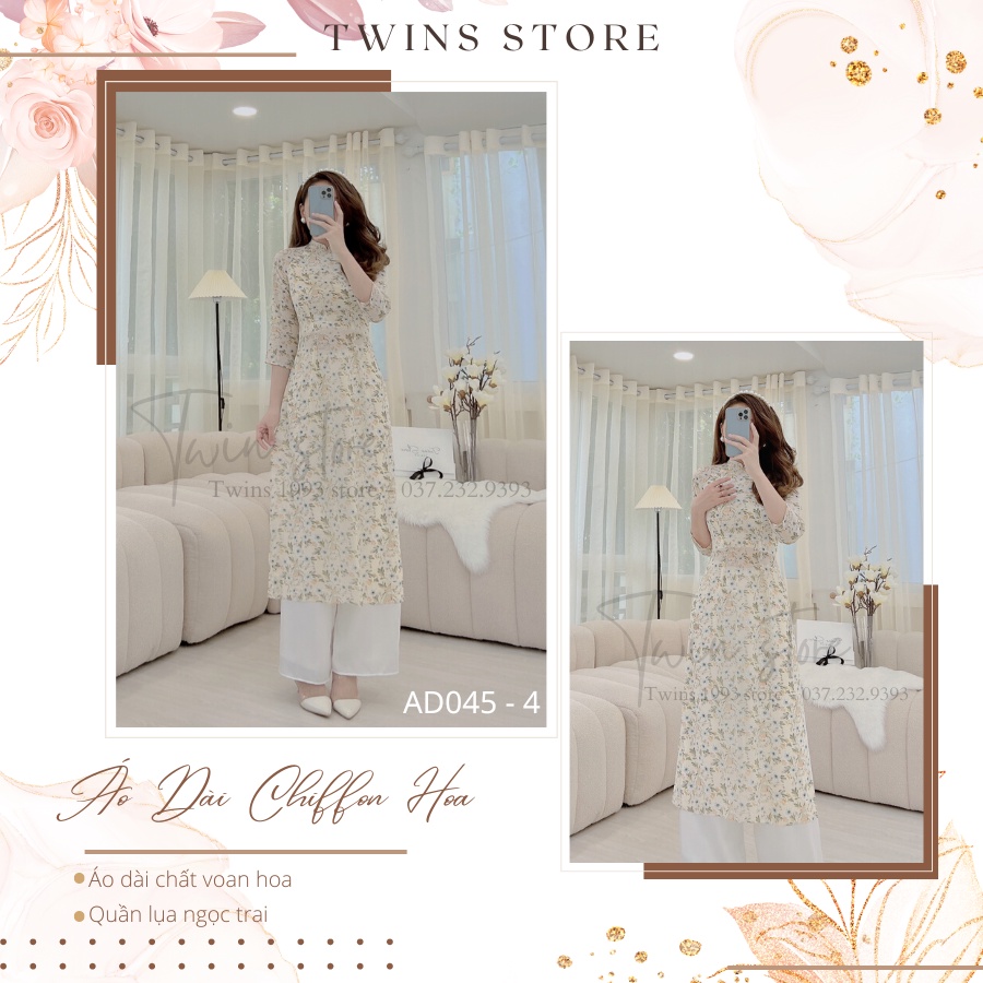 Áo dài dáng ôm KÈM QUẦN - TWINS STORE chất chiffon họa tiết hoa nhiều màu - AD045
