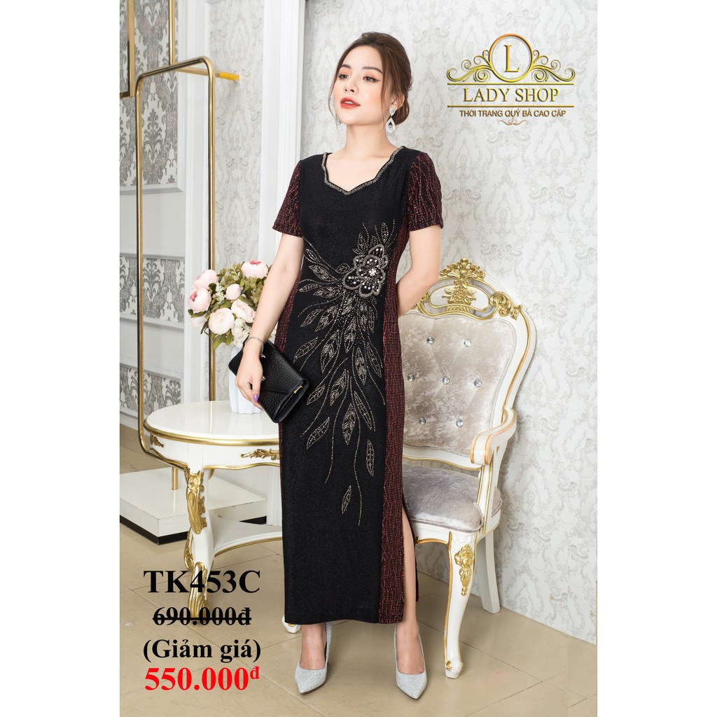 Thời trang trung niên -  Đầm quý bà cao cấp - Ladyshop - Sườn xám cổ hoa phối ngũ sắc đen bông hoa đá TK453