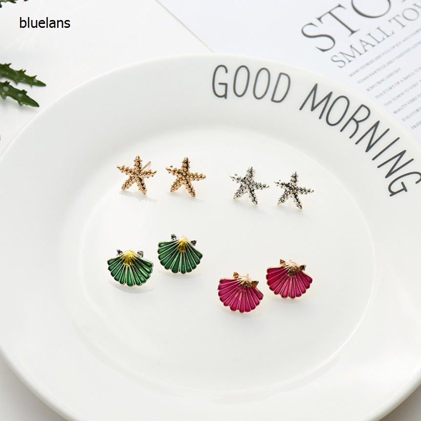 Set 4 Khuyên Tai Tạo Hình Vỏ Sò / Sao Biển / Ngọc Trai Giả Thời Trang Cho Nữ