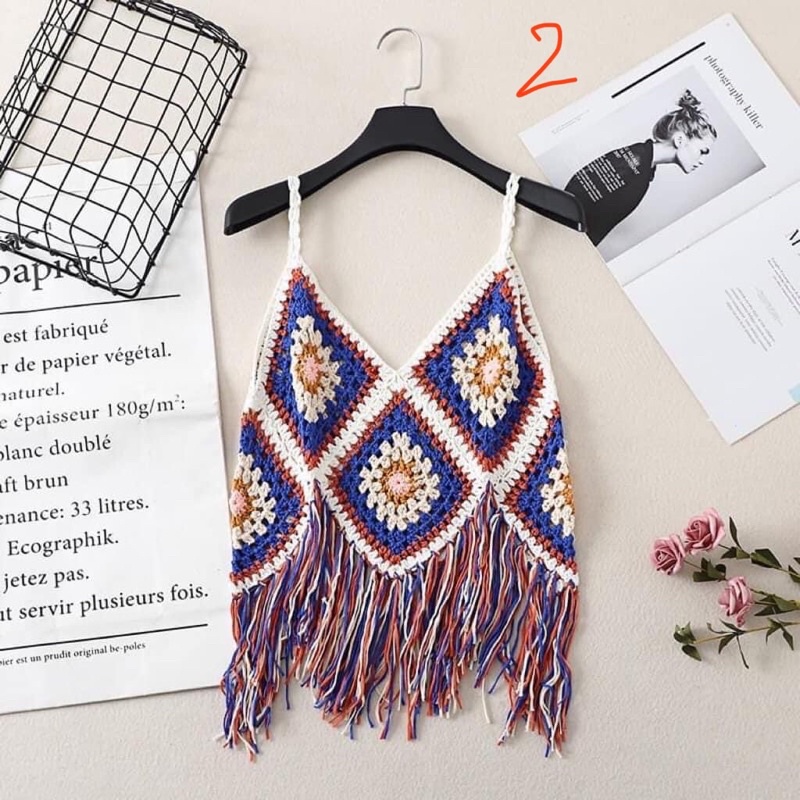 Áo hoa văn ghép Len móc crochet top phong cách bohemian