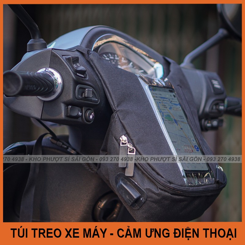 Túi treo đầu xe máy loại dọc cảm ứng điện thoại có lỗ sạc pin - Túi treo xe máy chạy Grab, shipper giao hàng