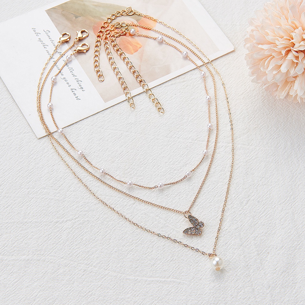 [sweet]  woman fashion retro three-layer chain butterfly pearl pendant necklace ins temperament detachable clavicle chain