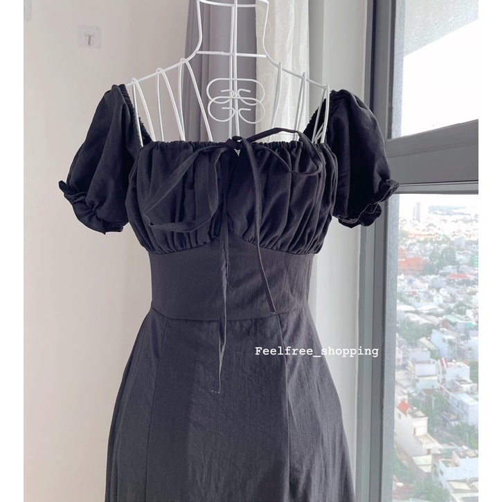 váy xẻ tả chỉnh ngực cổ vuông trễ vai trắng đen D049