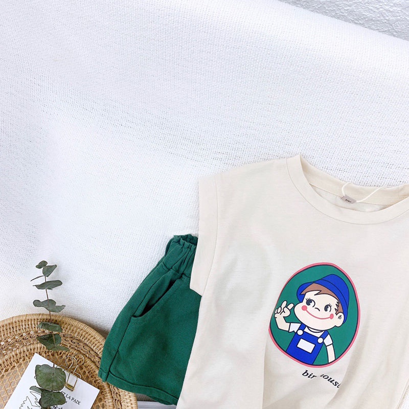 Set Áo Thun Không Tay In Họa Tiết Hoạt Hình Phong Cách Hàn Quốc Xinh Xắn