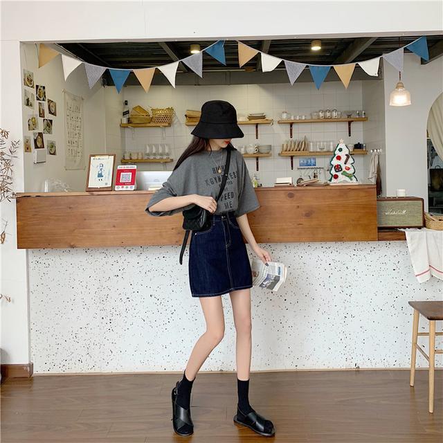 Chân Váy Denim Chữ A Lưng Cao Màu Xanh Dương Đậm Phong Cách Hàn Quốc Thời Trang Mùa Hè Mới Cho Nữ