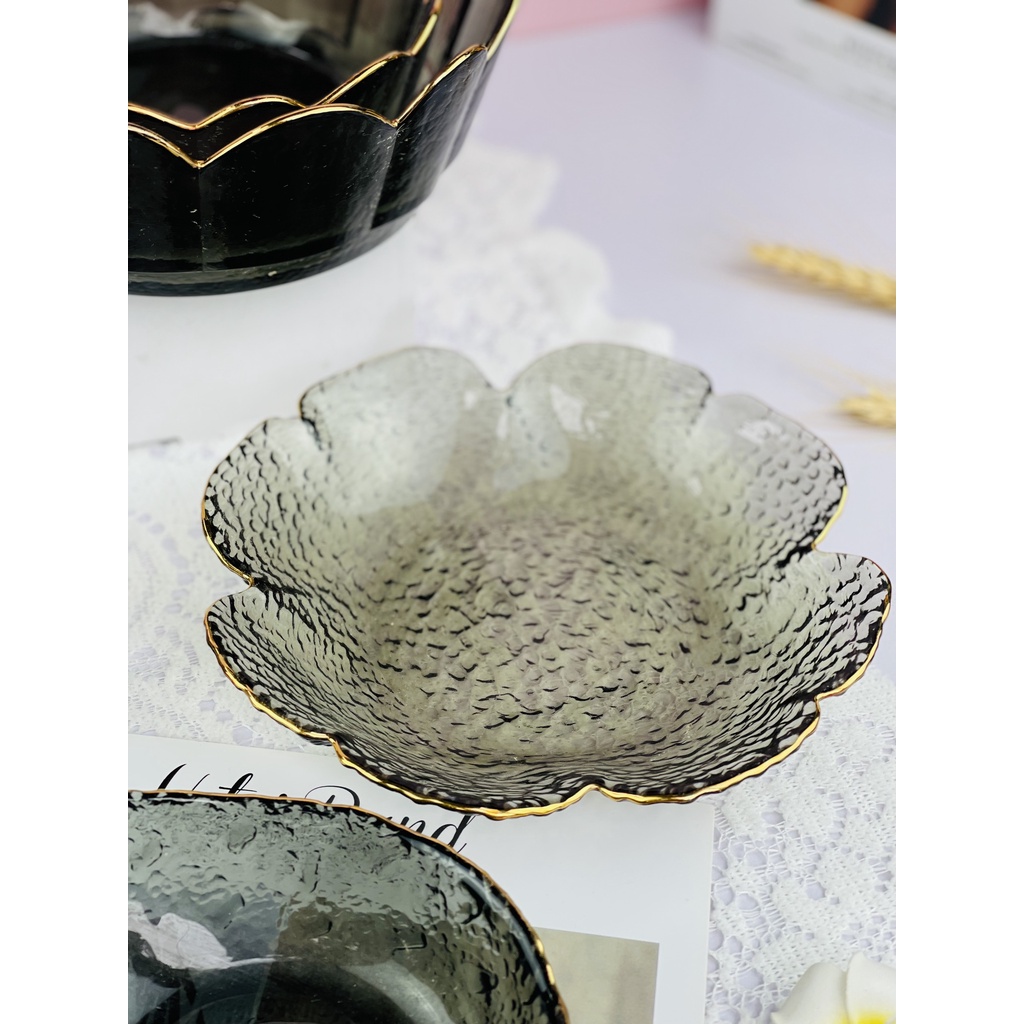 Bộ bát đĩa,chén dĩa ăn cơm,Bộ đồ ăn Thủy tinh viền vàng Màu Đen decor cao cấp