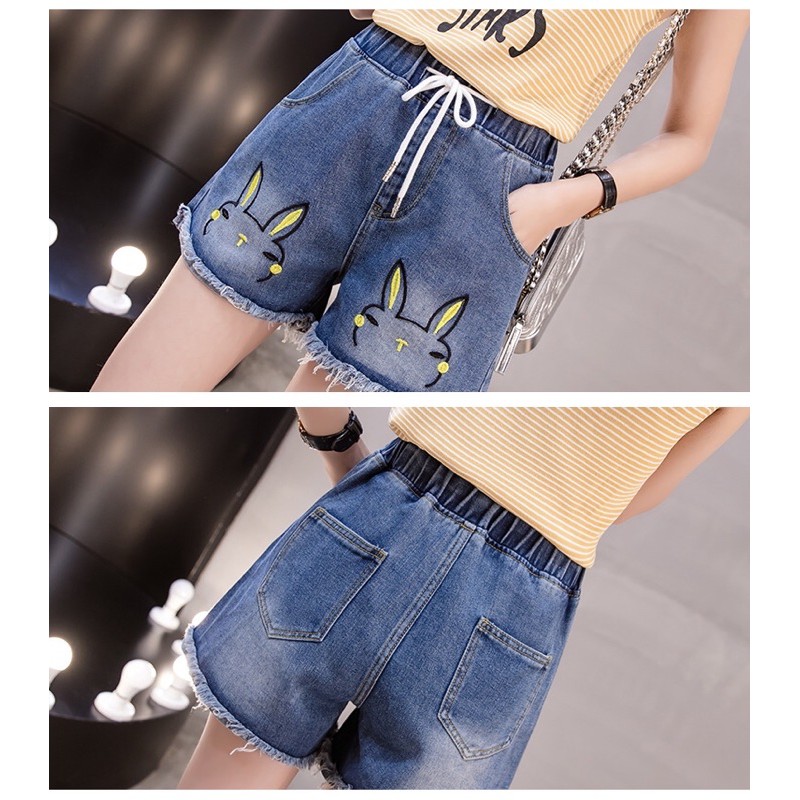 quần short jean màu xanh big size lưng thun thêu hình thỏ  size 70-90kg