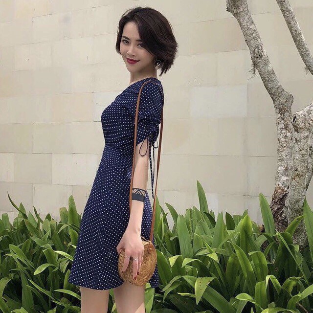 DX642 - Đầm Xòe Đi Biển Chấm Bi Nhún Tay Nhiều Màu