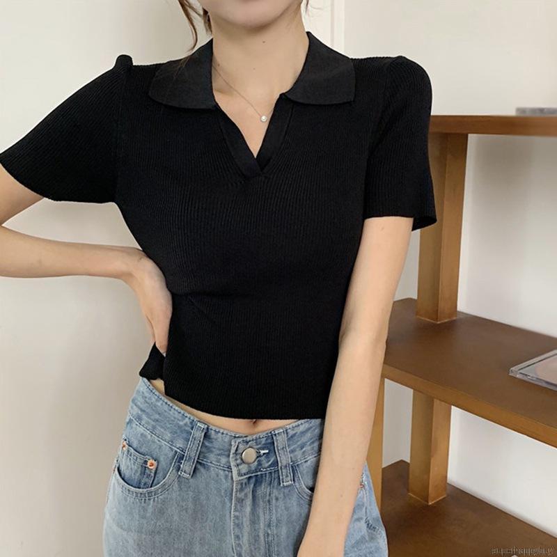 Áo Thun Dệt Kim Tay Ngắn Cổ Chữ V Thiết Kế Màu Trơn Thanh Lịch