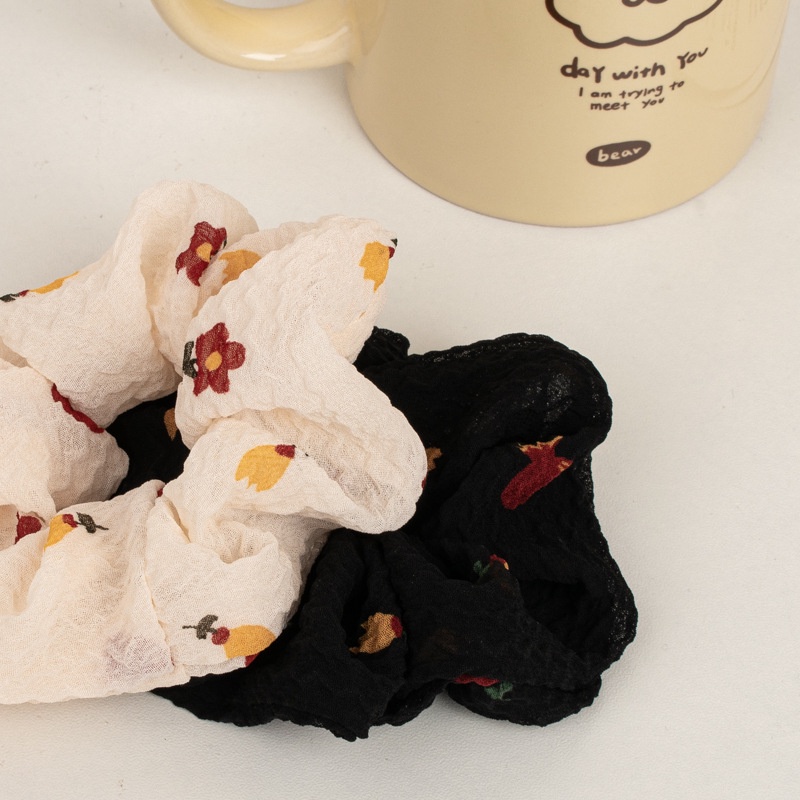 (0424) Dây Chun Scrunchies Vải Thô Nhăn Hoa Nhí Đơn Giản Nữ Tính