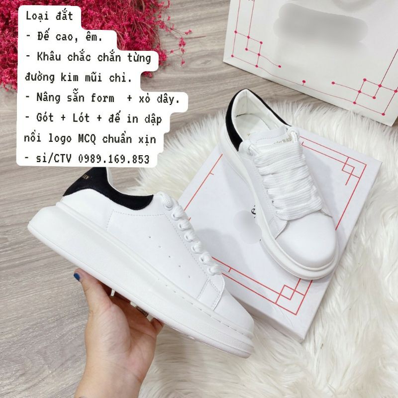 {Có Sẵn) Giày thể thao Nữ Nam Trắng Đế Cao MCQ Gót Nhung Đen Có size Nam nữ (Size 36-43)  Bản Dây Lụa (Form rộng)