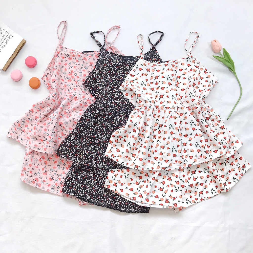 Đồ bộ 2 dây ngắn mặc ngủ vải châu tôn tole/lanh họa tiết THOCA HOUSE dây áo điều chỉnh, mặc mát xinh xắn