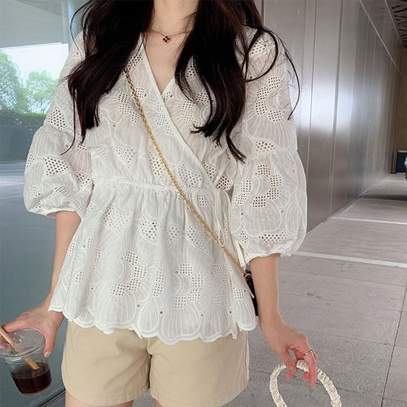 Áo tay ngắn cổ chữ v thêu hoa thời trang 42112 cho nữ