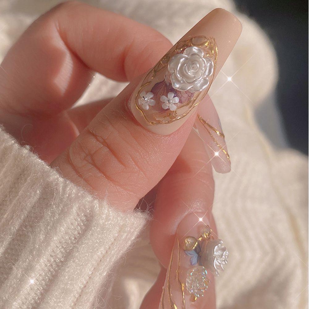 QQMALL Hạt Kim Loại Hình Hoa Trà Đính Móng Tay Thời Trang
