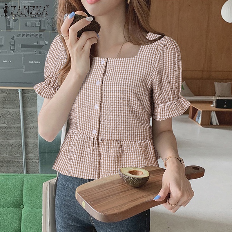 Áo Zanzea tay phồng cổ vuông in họa tiết sọc caro thời trang Hàn Quốc cho nữ