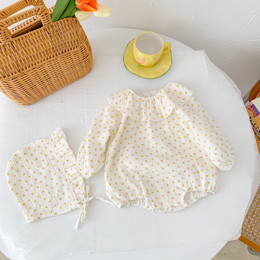 Bộ Áo Liền Quần Tay Dài In Hoa Chất Liệu Cotton Dễ Thương Cho Bé Gái