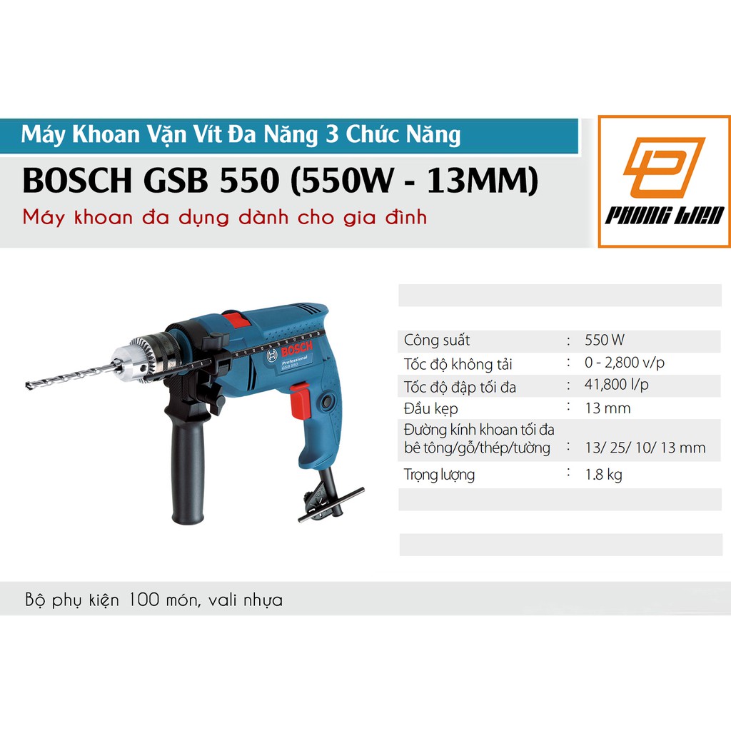 Máy Khoan Động Lực Bosch GSB550 SET 100 Chi Tiết  - Khoan Sắt/Gỗ/Tường - Hàng Chính Hãng
