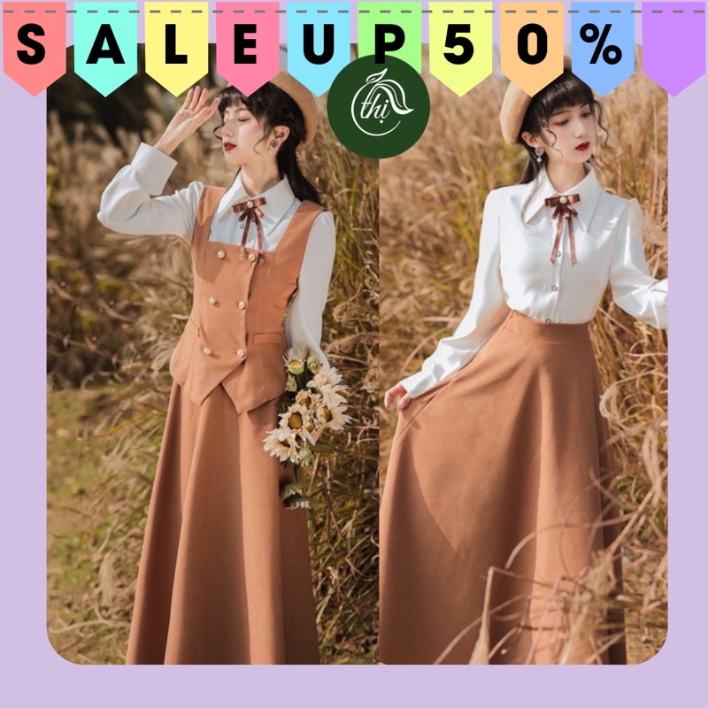 (Hàng có sẵn) Váy retro, áo sơ mi cổ thắt nơ, kèm áo gile kiểu dáng cổ điển, phong cách vintage, kiểu Pháp