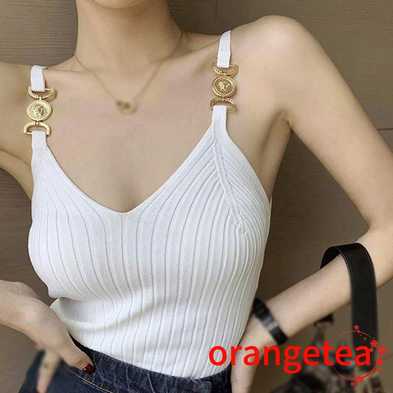 Áo Tank Top Dệt Kim Cổ Chữ V Thiết Kế Dây Xích Đan Chéo Quyến Rũ