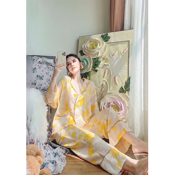Pijama lụa dài màu vàng chanh cao cấp