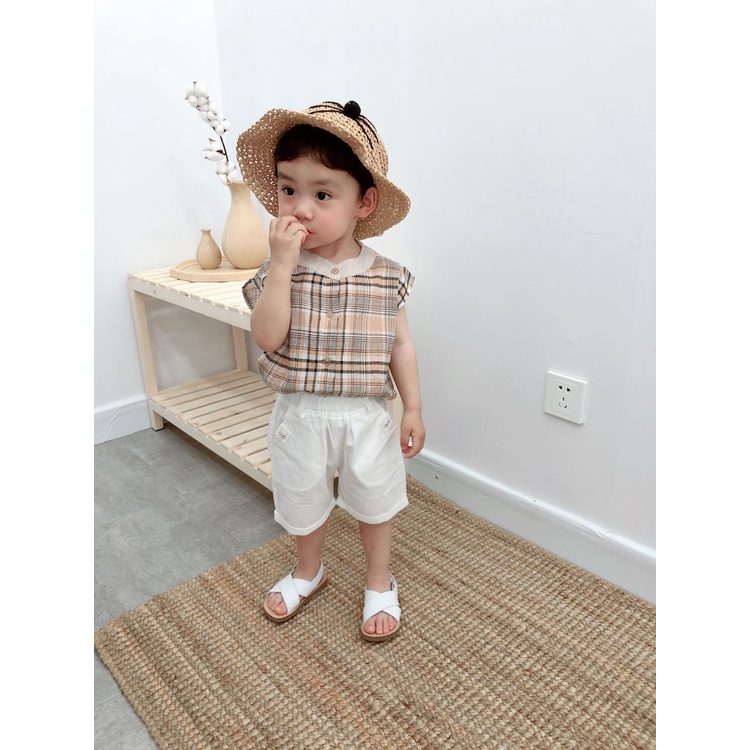[Babycat] Áo Sơ Mi Mỏng Không Tay Kẻ Sọc Caro Phong Cách Nhật Bản Hàn Quốc Thời Trang Mùa Hè Cho Bé Trai