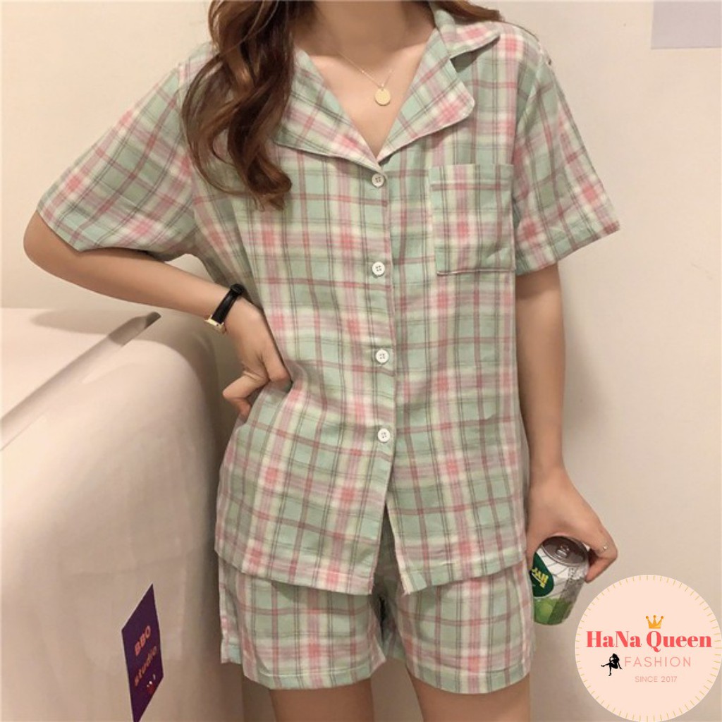 [Sẵn Hàng] Bộ đồ Pijama nữ ngắn tay quần đùi họa tiết kẻ phong cách Hàn Quốc cực xinh