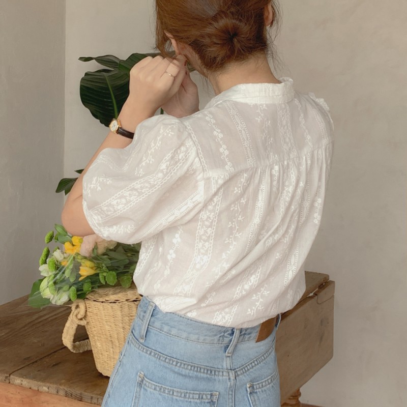 Áo kiểu Xiaozhainv tay phồng phối ren thêu họa tiết phong cách Hàn Quốc thời trang mùa hè cho nữ