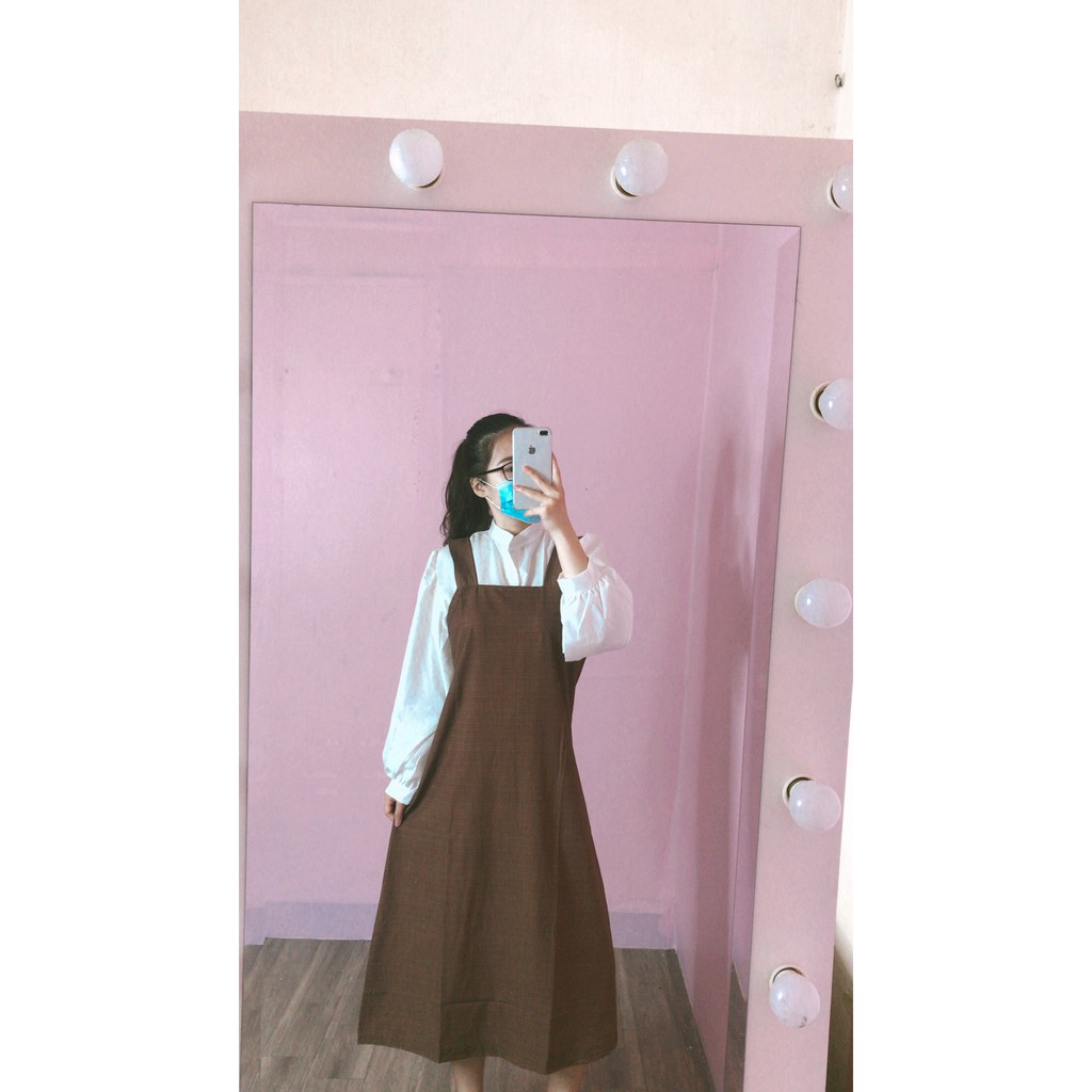 Set yếm 2 dây bản to dáng suông kèm áo sơ mi tay bồng tiểu thư phom rộng ulzzang | BigBuy360 - bigbuy360.vn