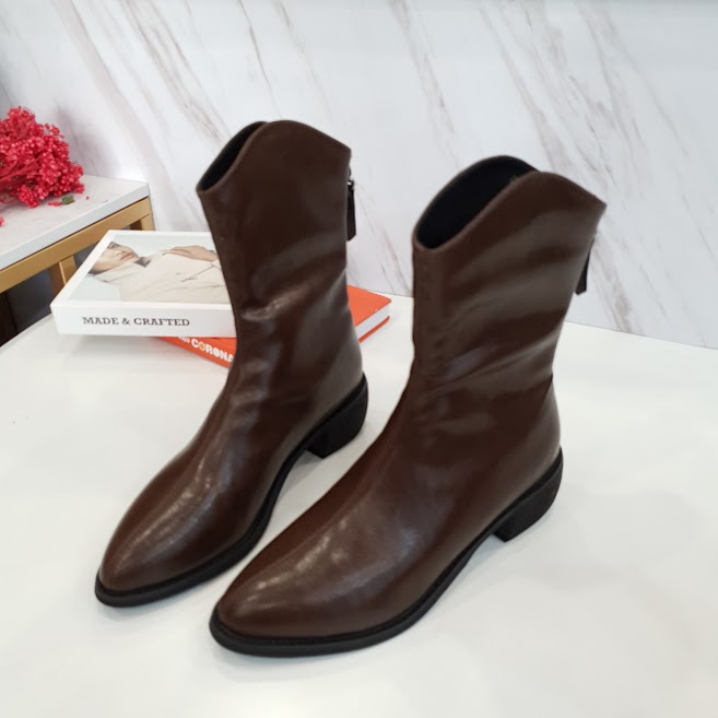 Giày boot nữ da mềm 2021 B SHOES, boot cao bồi lót nỉ khóa sau, mũi nhọn, thiết kế siêu thời trang B30