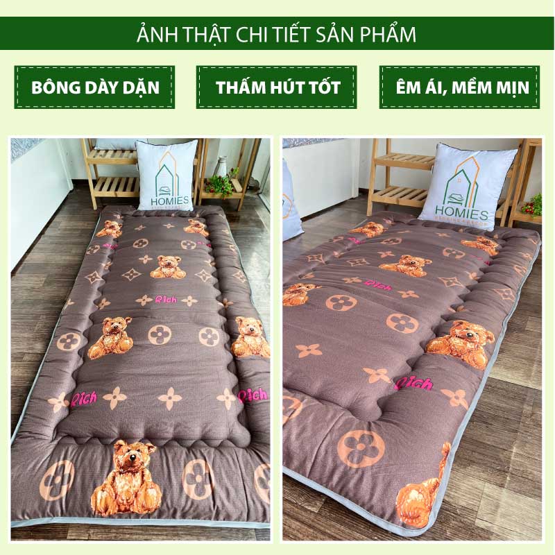 Kèm Túi Đựng - Topper Nệm Bông Xuất Nhật HOMIES Bedding & Décor cao cấp , Đệm Topper Gấu Nâu, Tấm làm mềm đệm cot