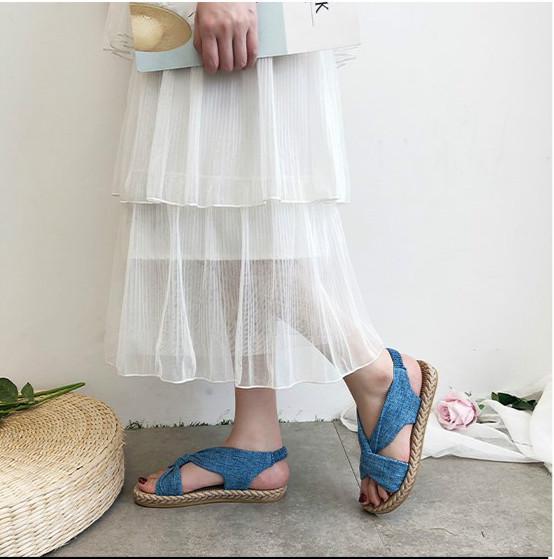 Giày xăng đan đế bệt vải lanh co giãn phong cách La Mã thời trang cho nữ