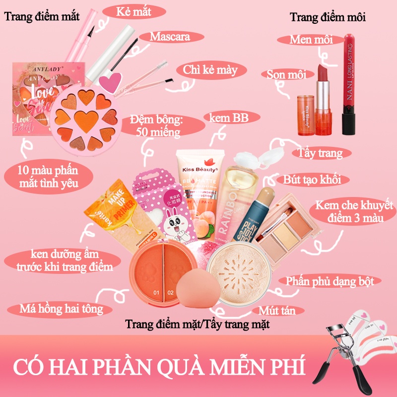 15 pcs Bộ mỹ phẩm trang điểm hoàn chỉnh set người mới bắt đầu không thấm nước viên trang điểm nhẹ tự nhiên (PS-15JT-A01)