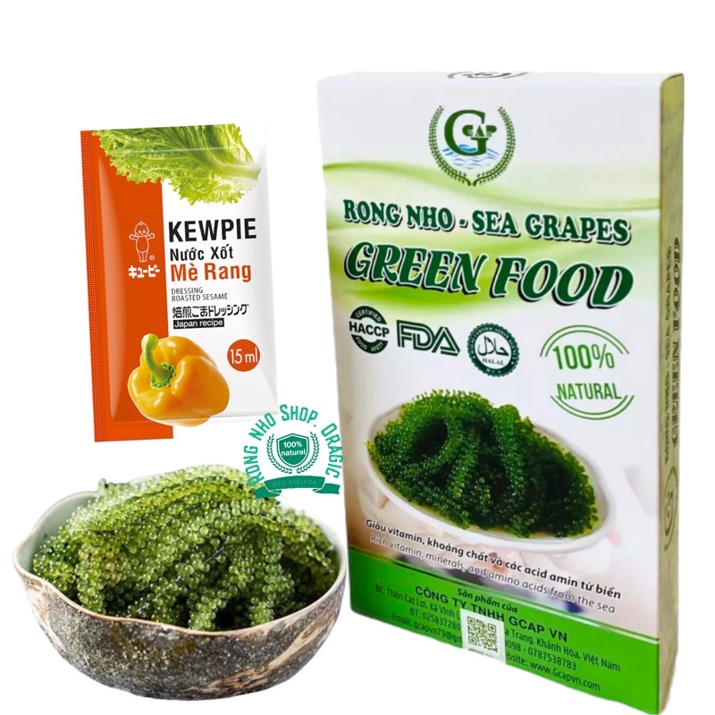 COMBO Nguyên Hộp 100gr ( 5 túi ) Rong nho tách nước cao cấp Green food + Tặng 1 gói sốt mè rang 15ml