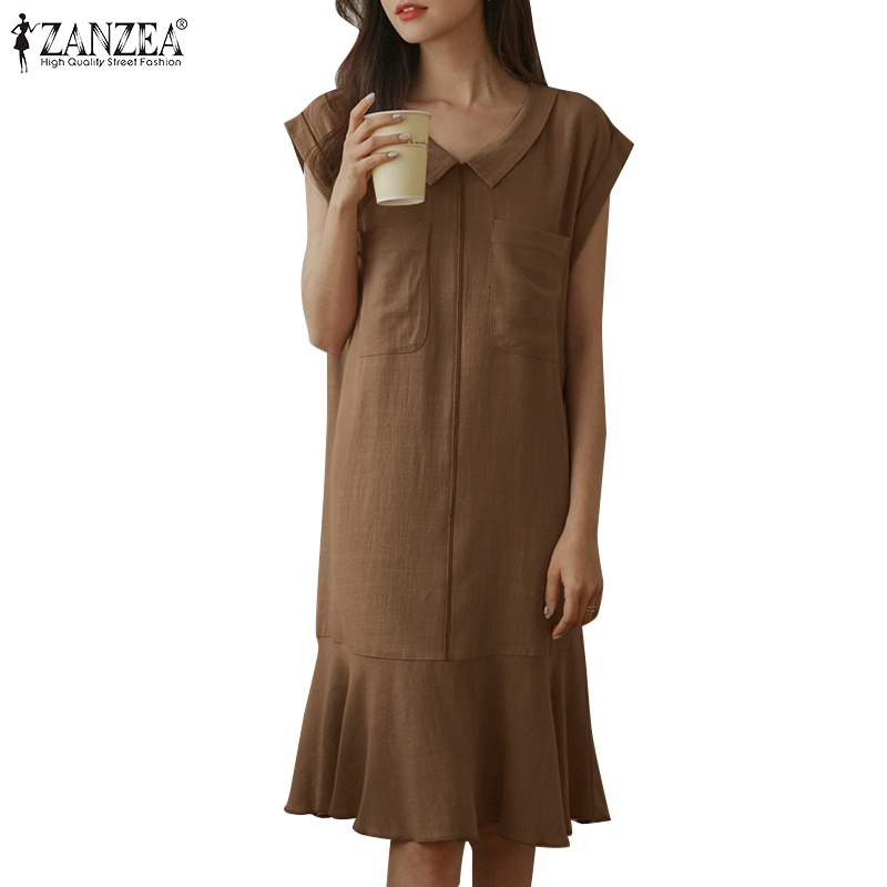 Đầm ZANZEA ngắn tay cổ bẻ form rộng phối bèo thời trang nữ tính