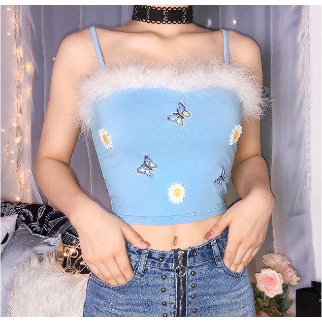 Áo Croptop 2 dây viền lông thêu hoa HAC77 - Hỉn Hỉn Store