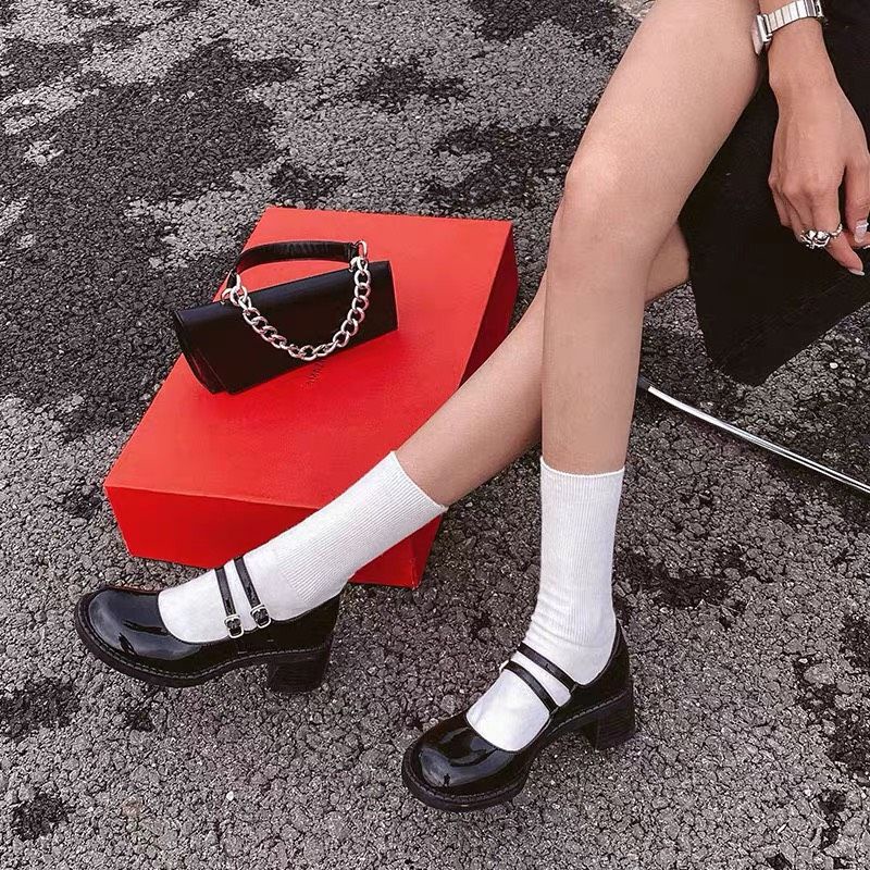 Giày lolita đế cao 5P da bóng , giày cao gót đáng yêu hai quai ngang phong cách ulzzang